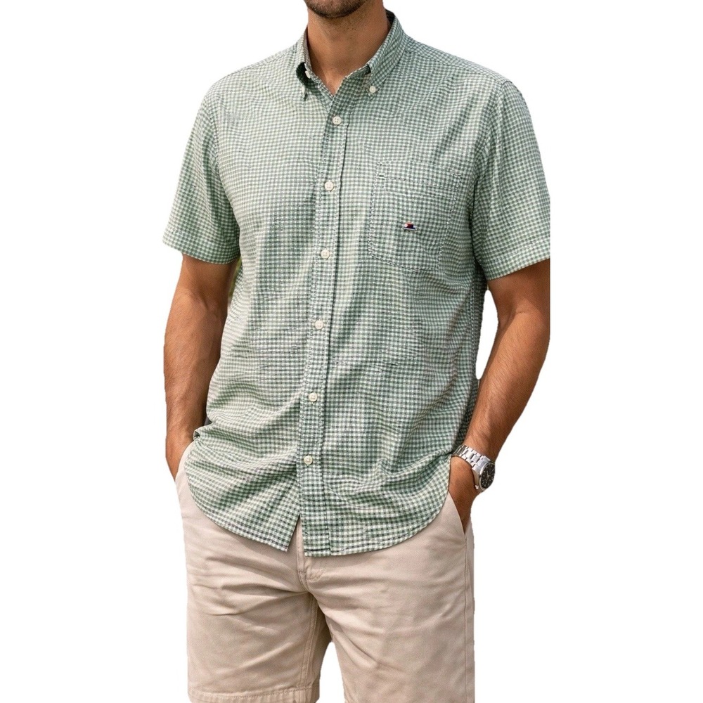 Tommy Hilfiger Shirt Mens L Green Check Button Up Short Sleeve Cotton